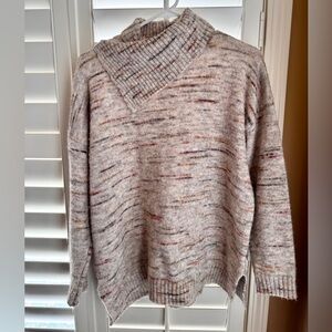 Leo & Nicole Asymmetrical Funnel Neck Sweater XL Beige Multi Flecked Knit Cozy